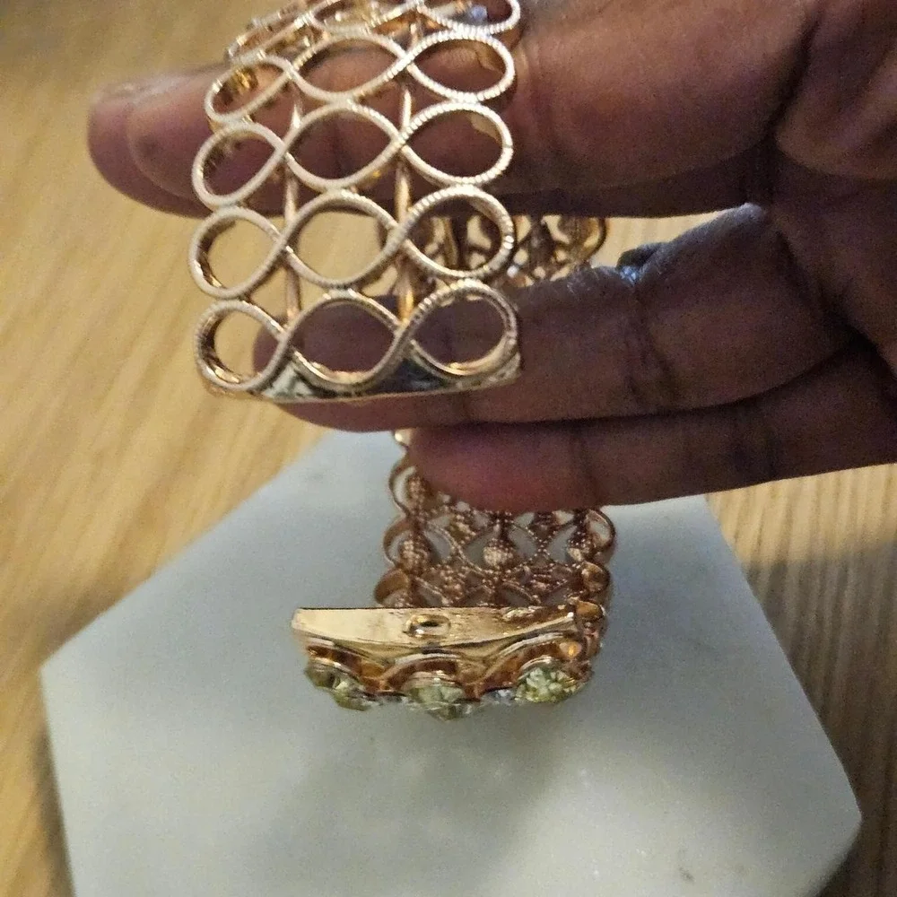 Gold Tone Filigree Yellow White Rhinestone Hinged Cuff Bracelet Crystal Glam